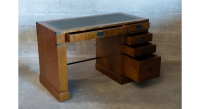 Bureau marine simple caisson 5 tiroirs bois teinte merisier et cuir vert