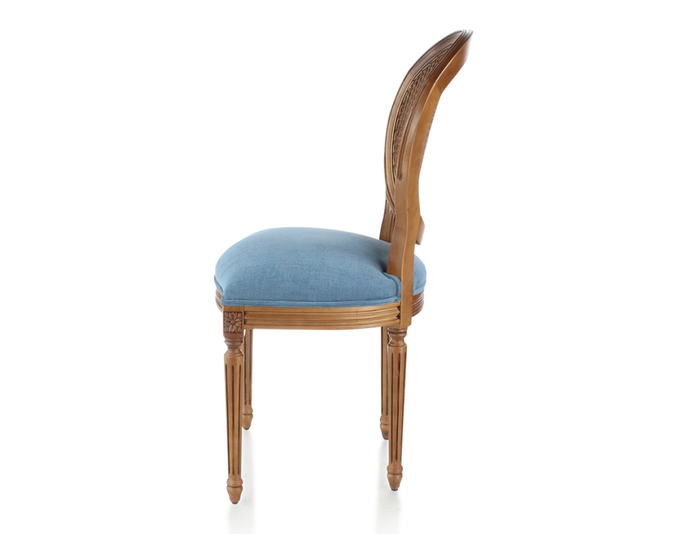Chaise ancienne style Louis XVI bois teinte ancienne dossier canné assise tissu bleu jeans
