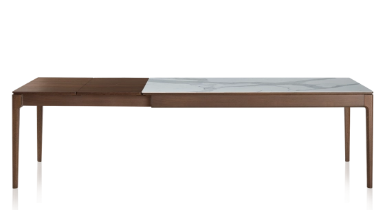 Table extensible 8 à 12 personnes en chêne et céramique allonges bois avec bois teinte marron foncé et plateau céramique effet marbre blanc 210x100 cm