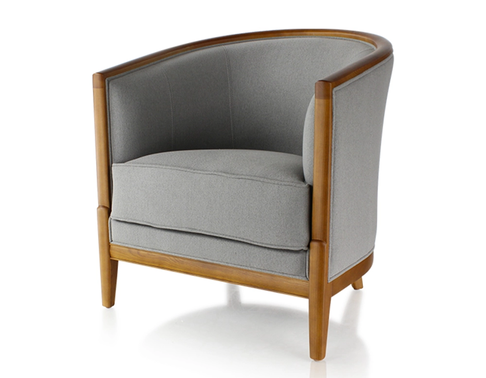 Fauteuil ancien bois teinte merisier et tissu gris clair