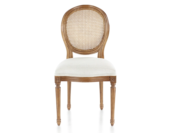 Chaise ancienne style Louis XVI bois teinte ancienne dossier canné assise tissu beige naturel