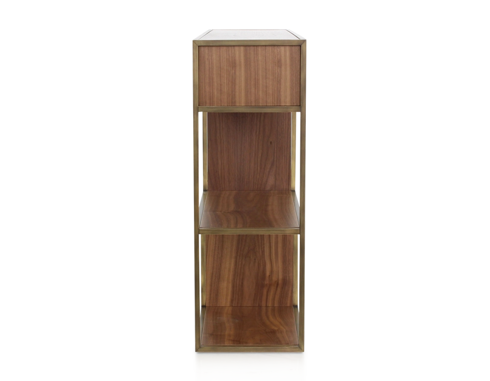 Console design natural tint walnut and brass patina metal