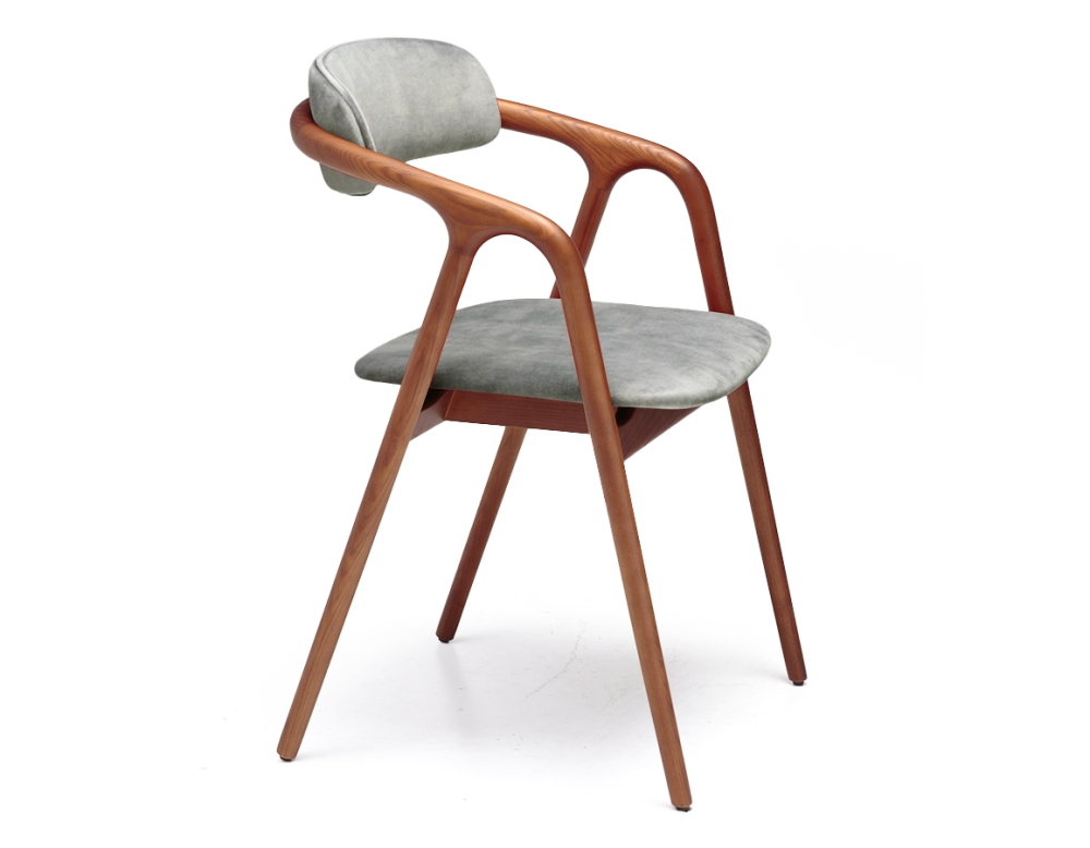Chaise scandinave bois teinte merisier assise tissu velours gris bleu