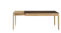 Extendable table for 6 to 10 people in oak and ceramic with wooden extensions with natural stained wood and oxidised brown ceramic top 140x90 cm