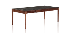 Table extensible 8 à 12 personnes en noyer et céramique allonges céramique avec bois teinte naturelle et plateau et allonges céramique effet marbre noir 210x100 cm