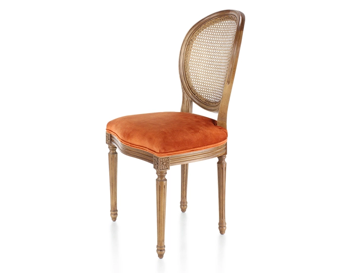 Chaise ancienne style Louis XVI bois teinte ancienne dossier canné assise tissu velours terracotta