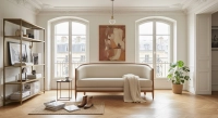 Canapé ancien 3 places bois teinte merisier et tissu beige naturel