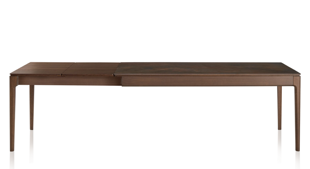 Extendable table for 8 to 12 people in oak and ceramic with wooden extensions with dark brown stained wood and oxidised brown ceramic top 160x100 cm