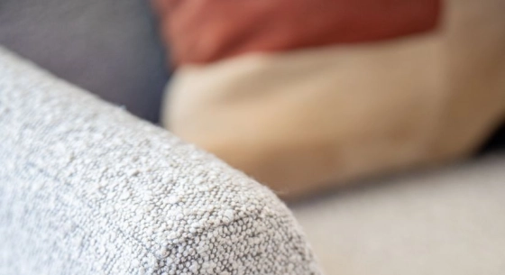 Canapé d'angle méridienne gauche 4/5 places tissu bouclé taupe clair (MG - 2,5D)