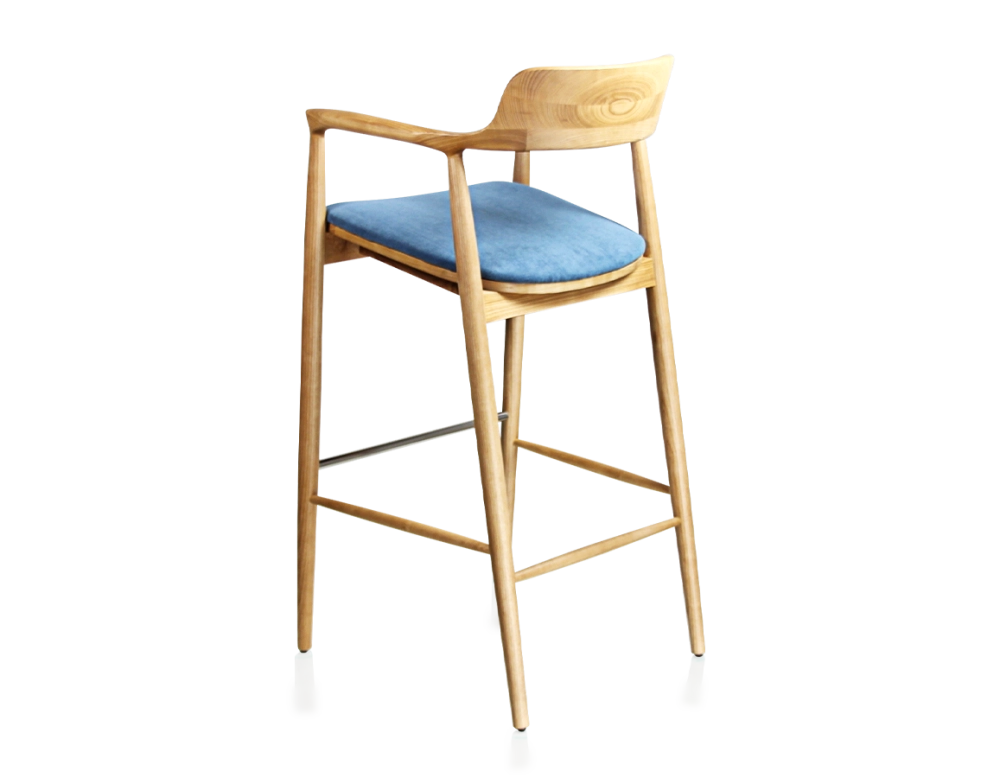 Tabouret de bar h80 cm bois teinte naturelle assise tissu bleu jean