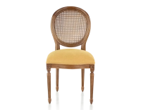 Chaise ancienne style Louis XVI bois teinte ancienne dossier canné assise tissu jaune
