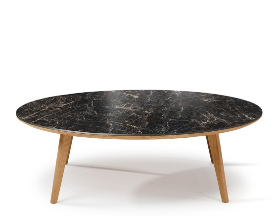 Table basse ronde F1 en chêne et céramique bois teinte naturelle plateau céramique effet marbre noir 100x100x30 cm