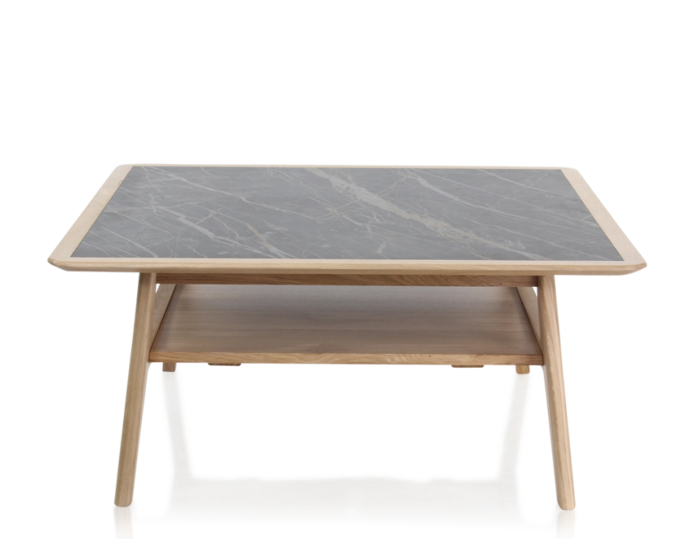 Table basse carrée en chêne et céramique avec bois teinte naturelle plateau céramique effet marbre noir 100x100 cm