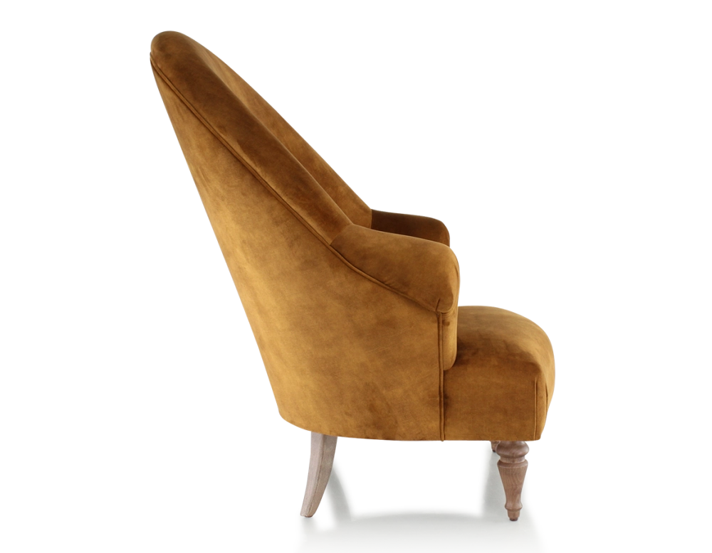 Toad armchair with armrests walnut-stained wooden legs and high-backed bronze velvet fabric