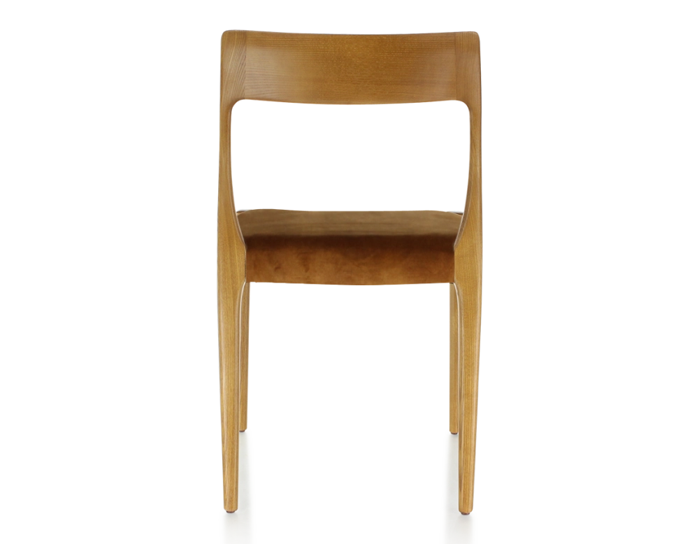 Chaise scandinave bois teinte merisier assise tissu velours bronze