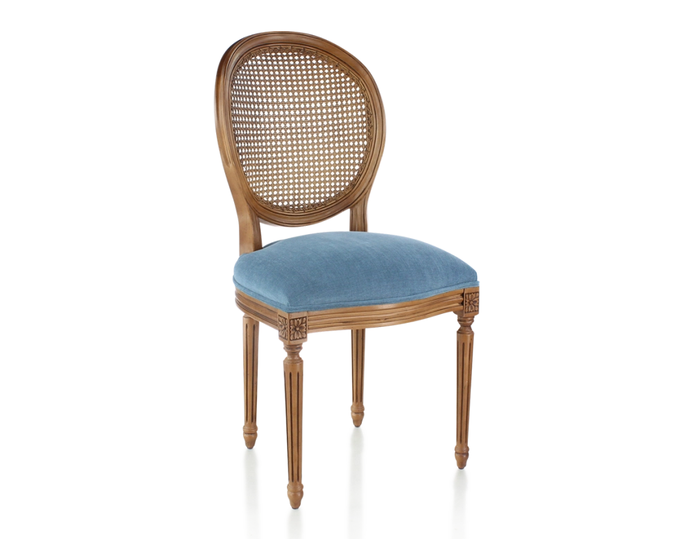 Chaise ancienne style Louis XVI bois teinte ancienne dossier canné assise tissu bleu jeans