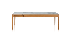 Table extensible en chêne et céramique 6 à 10 personnes allonges céramique avec bois teinte merisier et plateau et allonges céramique effet marbre blanc 140x90 cm