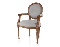 Antique Louis XVI style armchair with armrests wood stained in an antique style and light grey fabric