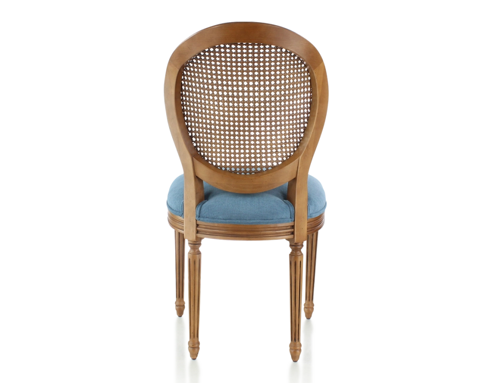 Chaise ancienne style Louis XVI bois teinte ancienne dossier canné assise tissu bleu jeans