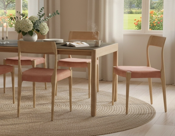 Chaise scandinave bois teinte naturelle assise tissu velours rose pâle