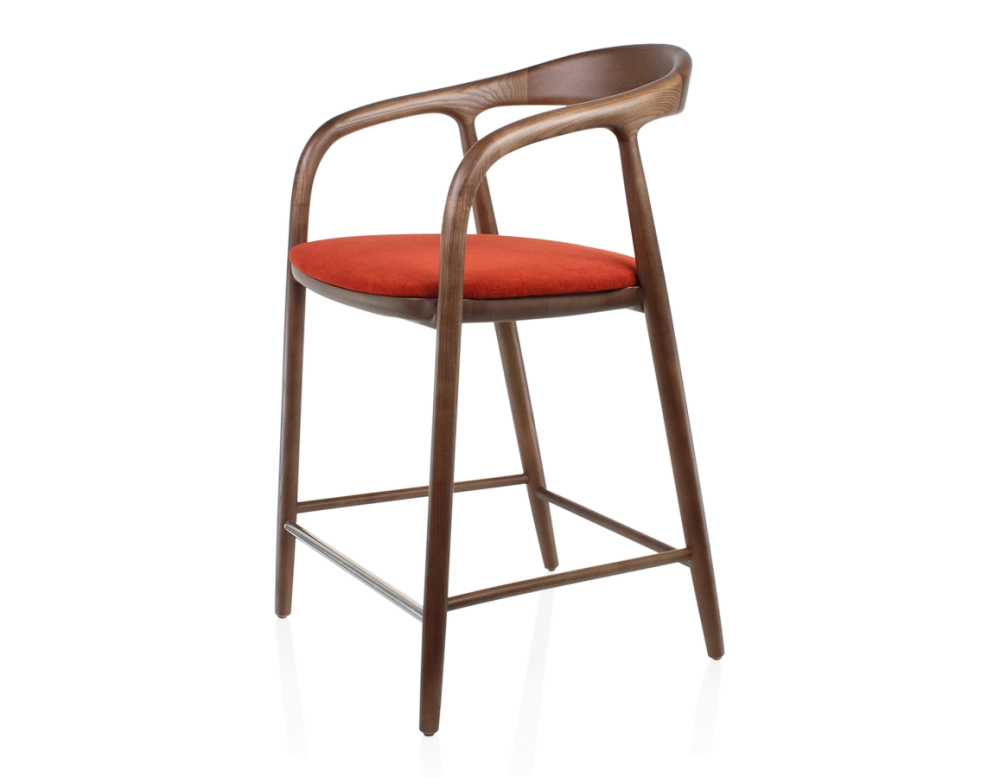 Bar stool H60 cm dark brown stained wood and burnt orange fabric