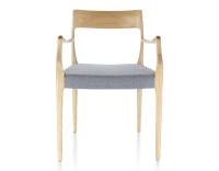 Chaise scandinave avec accoudoirs bois teinte naturelle assise tissu chevron bleu