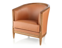 Fauteuil ancien accoudoirs moulurés bois teinte ancienne et cuir caramel