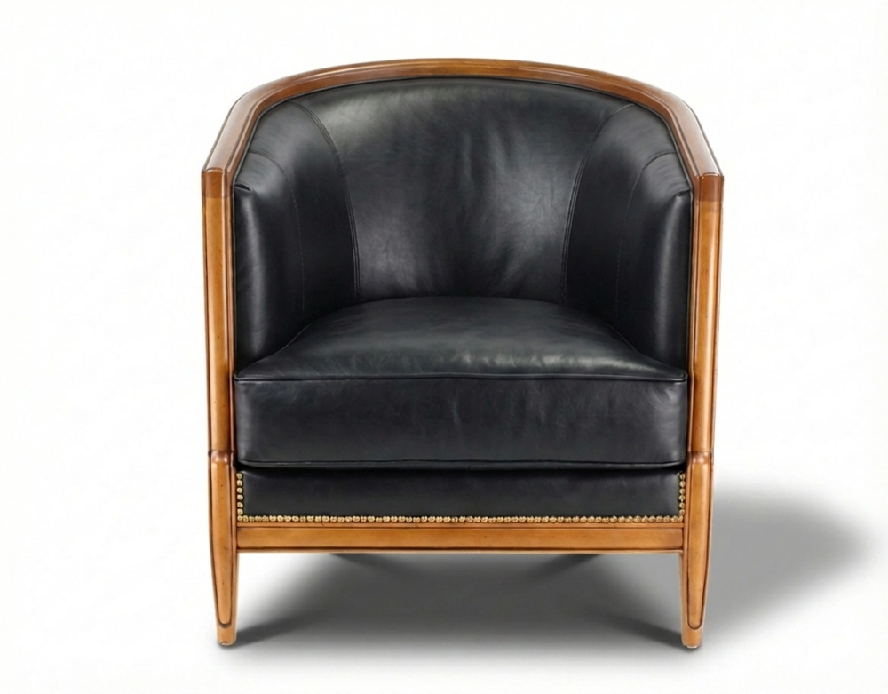 Sillón antiguo con reposabrazos moldurados bois teinte ancienne et cuir noir