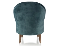 Fauteuil crapaud avec accoudoirs pieds bois teinte noyer et tissu velours bleu pétrole