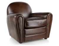 Fauteuil club cuir marron soutenu accoudoirs passepoil
