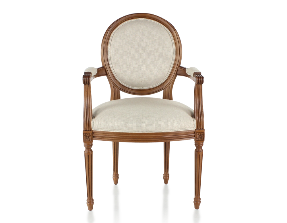 Antique Louis XVI style armchair with armrests wood stained in antique style and beige chevron fabric