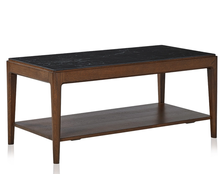 Table basse rectangulaire en chêne et céramique avec tablette en bois teinte marron foncé plateau céramique effet ardoise 100x50 cm