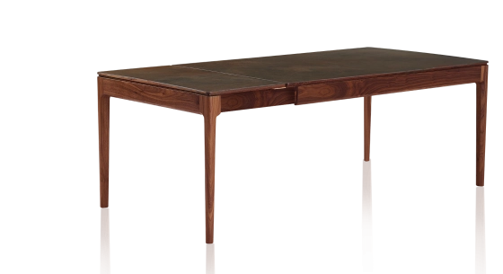 Table extensible en noyer et céramique 6 à 10 personnes allonges céramique avec bois teinte naturelle et plateau céramique brun oxydé 140x90 cm