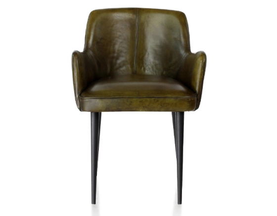 Chaise vintage avec accoudoirs cuir vert olive