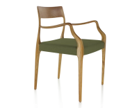 Chaise scandinave avec accoudoirs bois teinte merisier assise tissu vert olive