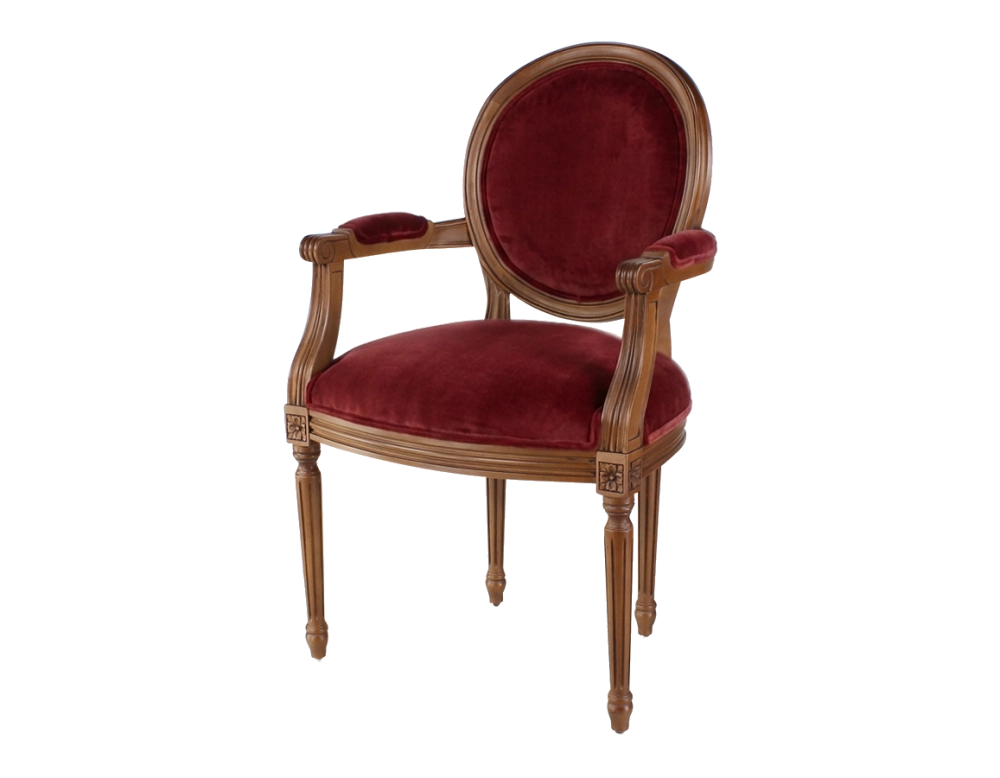 Fauteuil ancien style Louis XVI bois teinte ancienne et tissu bordeaux