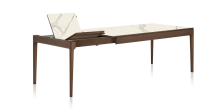 Table extensible en chêne et céramique 6 à 10 personnes allonges céramique avec bois teinte marron foncé et plateau et allonges céramique effet marbre blanc 140x90 cm