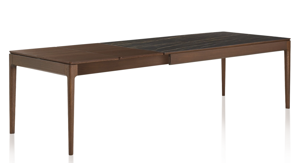 Table extensible 6 à 10 personnes en chêne et céramique allonges bois avec bois teinte marron foncé et plateau céramique effet marbre noir 140x90 cm