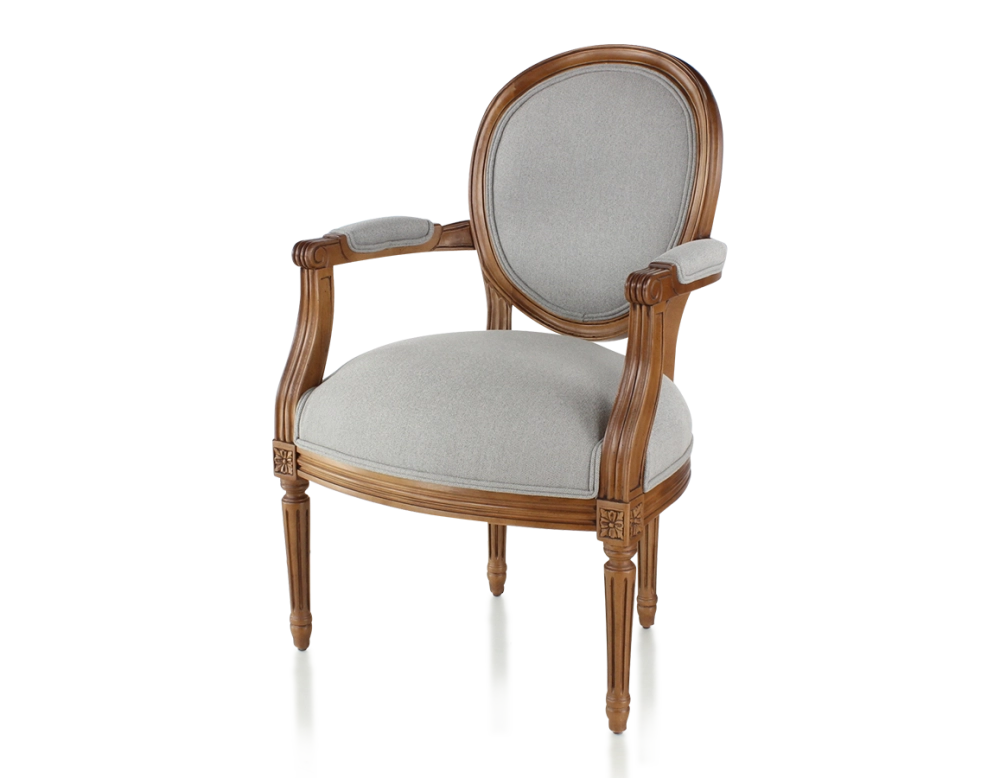 Sillón antiguo estilo Luis XVI madera con tinte envejecido y tejido gris claro