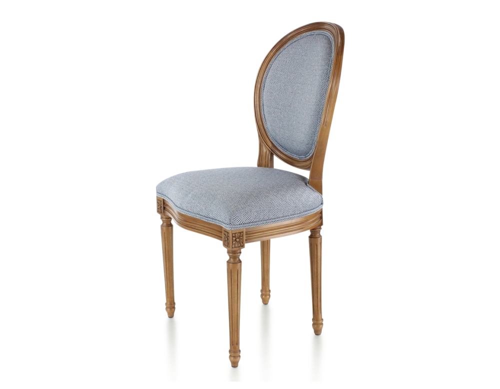 Chaise ancienne style Louis XVI bois teinte ancienne et tissu chevron bleu