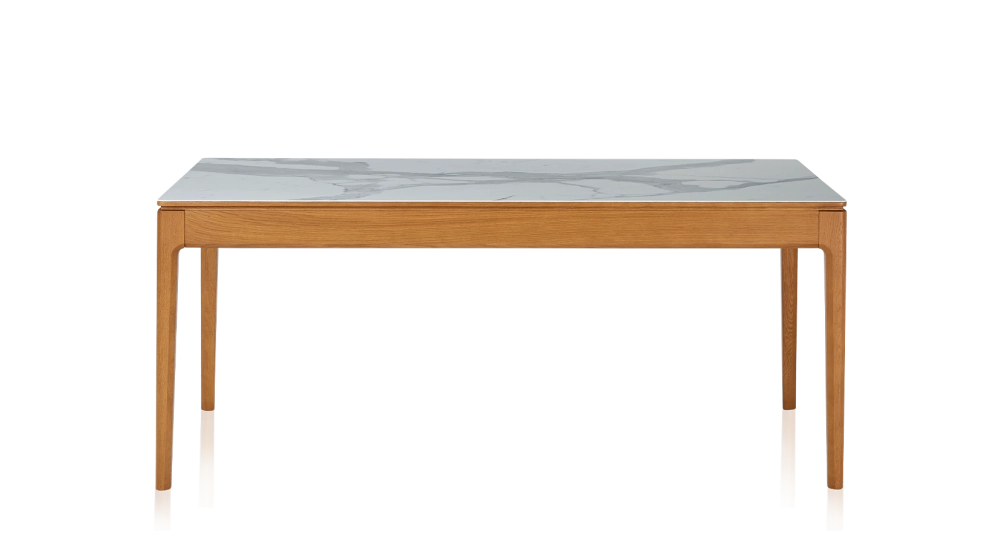 Table salle à manger 6 personnes en chêne et céramique avec bois teinte merisier et plateau céramique effet marbre blanc 140x90 cm