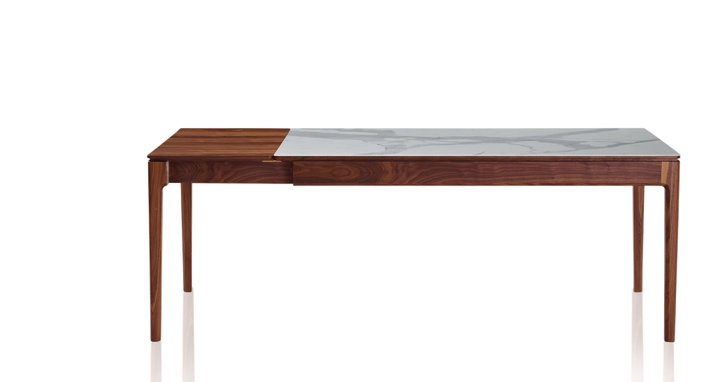 Table extensible 6 à 10 personnes en noyer et céramique allonges bois avec bois teinte naturelle et plateau céramique effet marbre blanc 140x90 cm