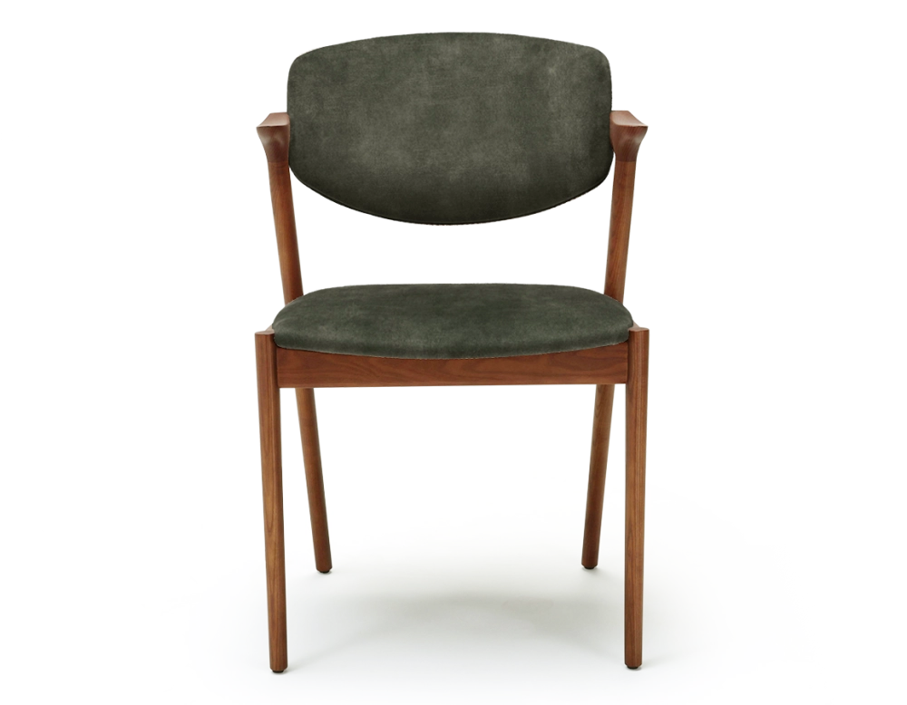 Chaise scandinave bois teinte merisier assise tissu velours vert forêt