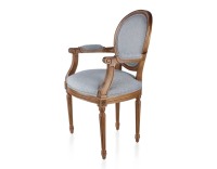 Antique Louis XVI style armchair with armrests aged wood stain and blue chevron fabric