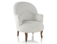 Fauteuil crapaud avec accoudoirs pieds bois teinte noyer et tissu bouclé blanc