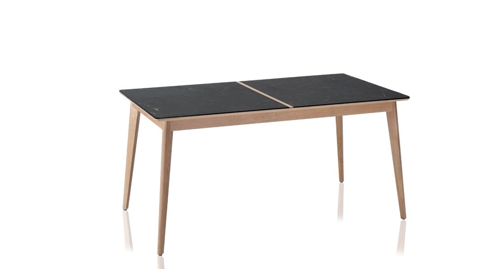Table extensible 8 à 12 personnes en chêne et céramique allonges bois avec bois teinte naturelle et plateau céramique effet ardoise 180x100 cm