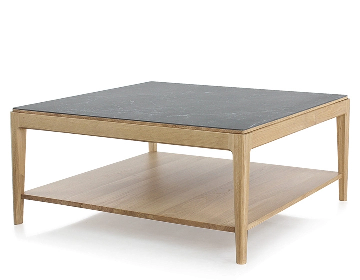 Table basse carrée en chêne et céramique avec tablette en bois teinte naturelle plateau céramique effet ardoise 100x100 cm