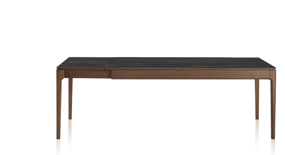 Table extensible 6 à 10 personnes en chêne et céramique allonges céramique avec bois teinte marron foncé et plateau et allonges céramique effet marbre noir 160x100 cm