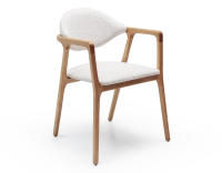 Chaise design avec accoudoirs bois teinte naturelle et tissu bouclé blanc
