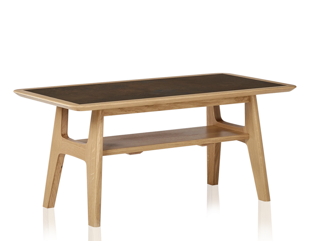 Rectangular coffee table in oak and ceramic with natural stained wood, oxidised brown ceramic top 100x50 cm